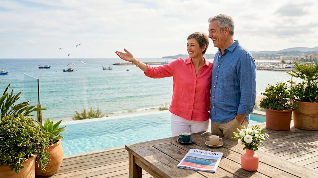Couple on terrace of luxury Costa Dorada villa
