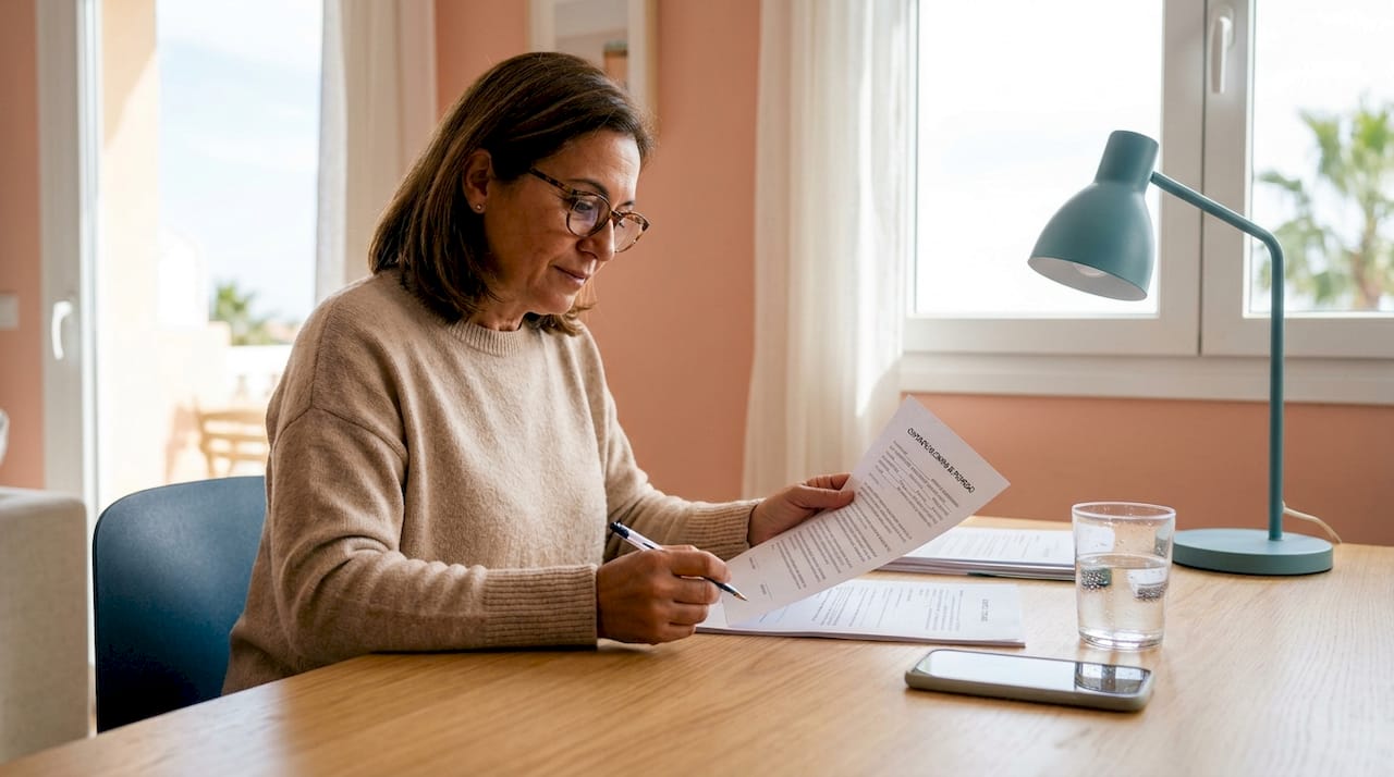 Mujer revisando un contrato de compraventa inmobiliaria en la Costa Dorada
