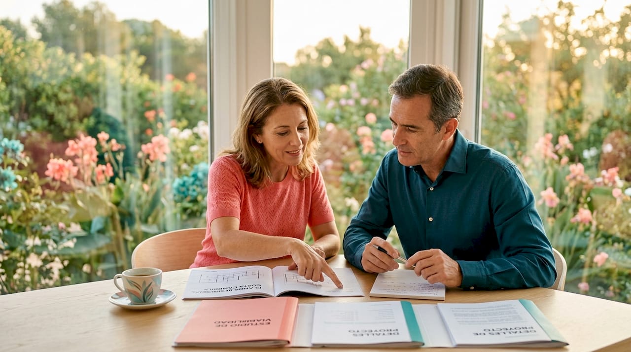 Una pareja revisa papeles sentada en una sala luminosa con impresionantes vistas al mar.