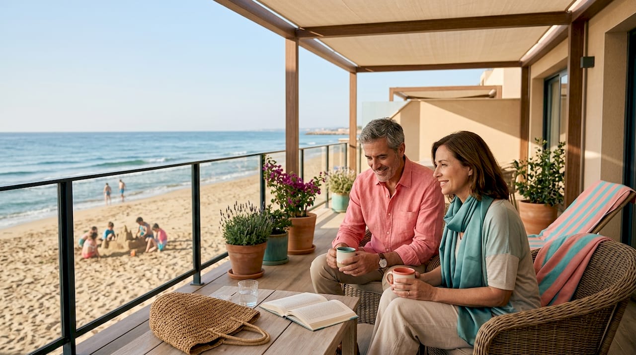 Couple enjoying coffee on beachfront terrace