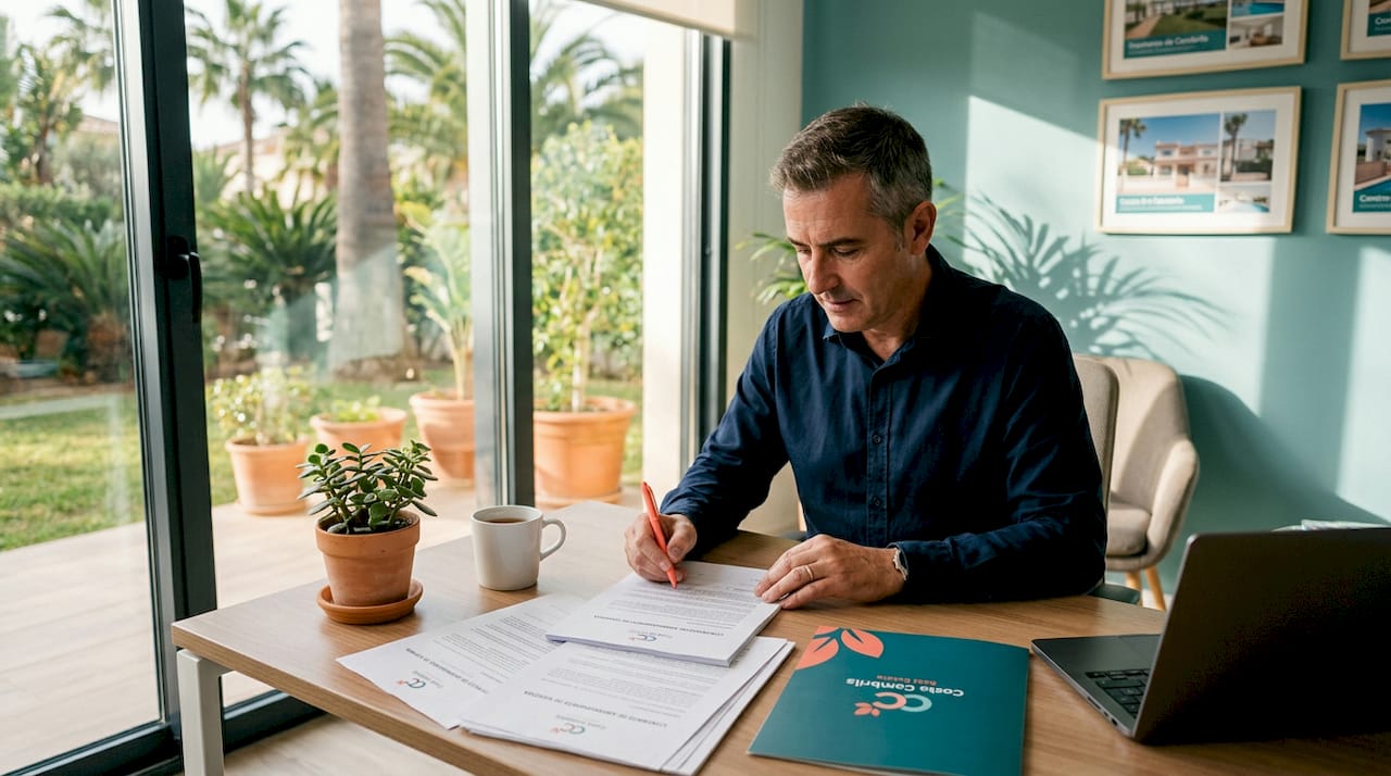 El responsable de una inmobiliaria revisa cuidadosamente los contratos en papel antes de proceder con cualquier operación.