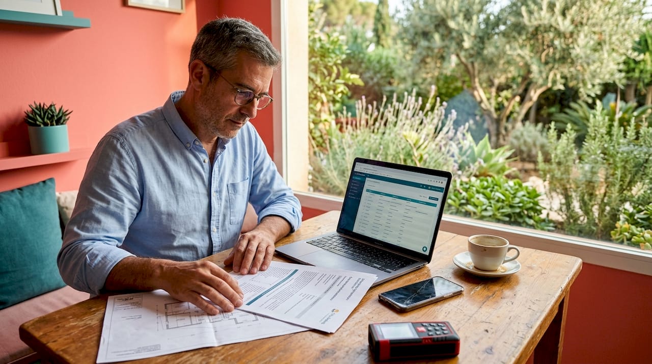 Perito inmobiliario analizando planos en su oficina