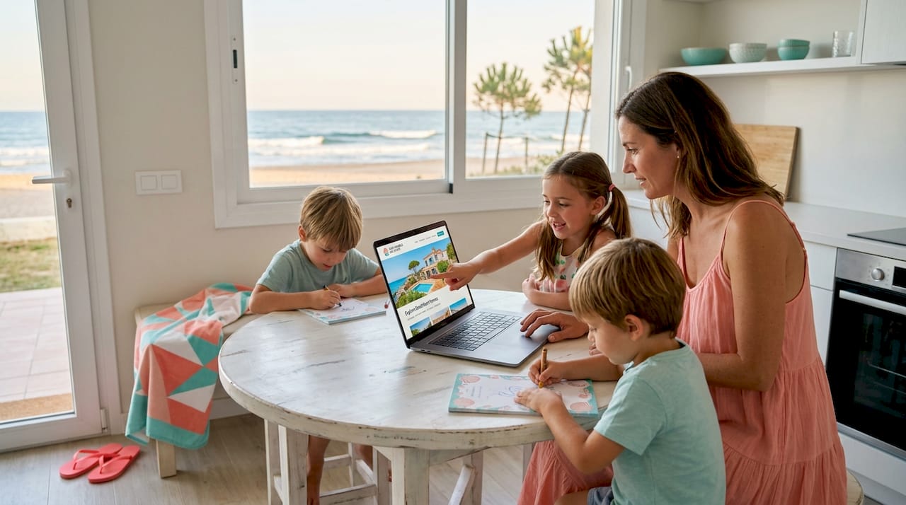 Family searches for beachfront rental at kitchen table