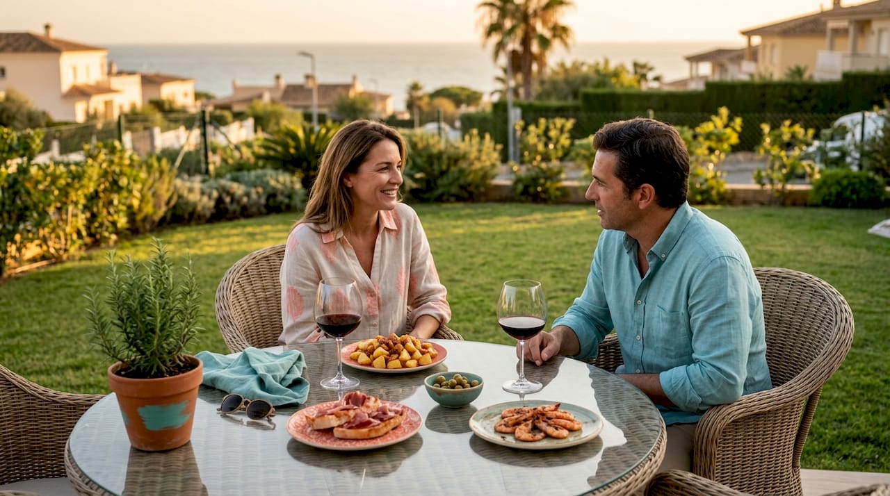 Pareja disfrutando de una terraza en un ático con vistas al mar en la Costa Dorada