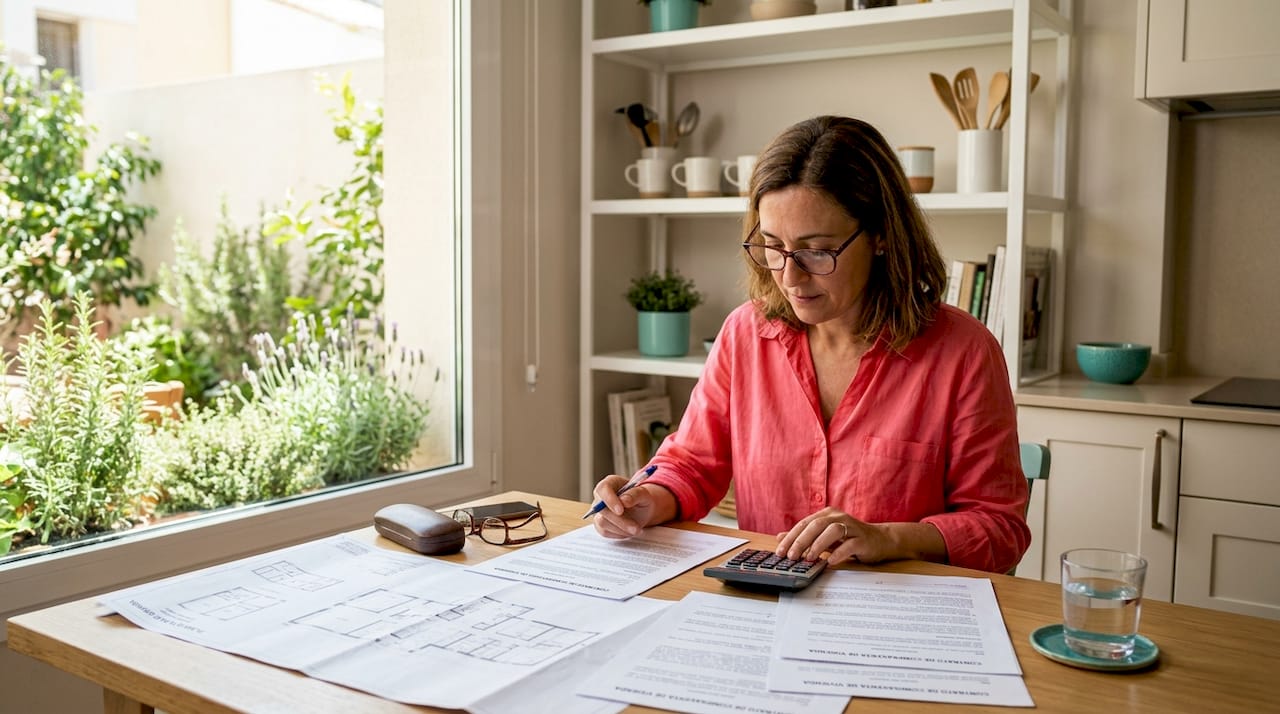 Una mujer analiza cuidadosamente planos y papeles relacionados con un proyecto inmobiliario.