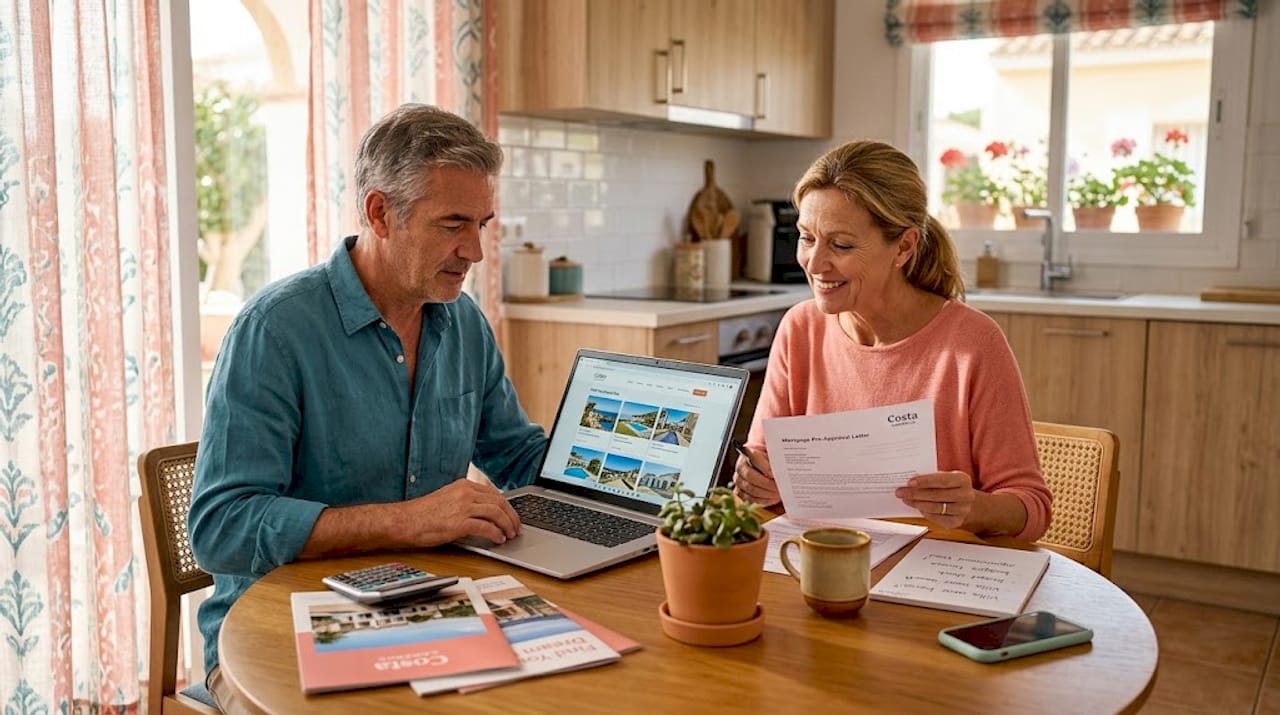 Couple reviewing villa purchase checklist