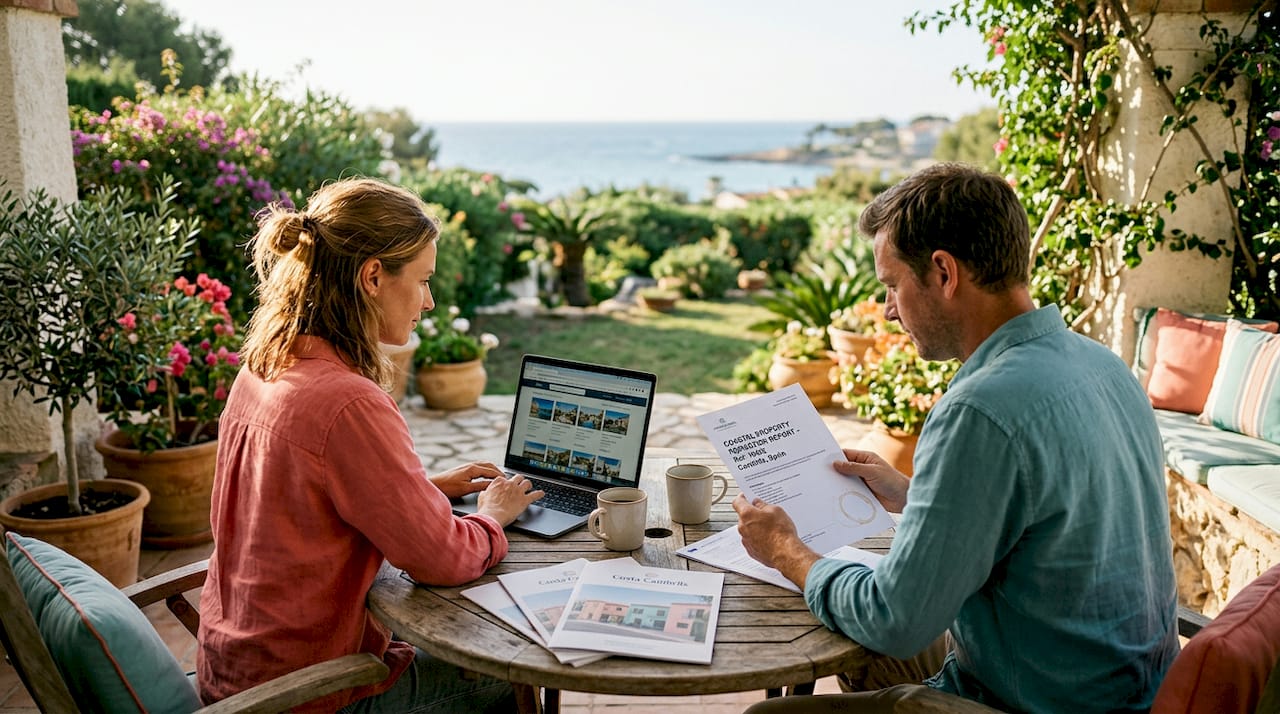 Couple reviews paperwork in seaside living room