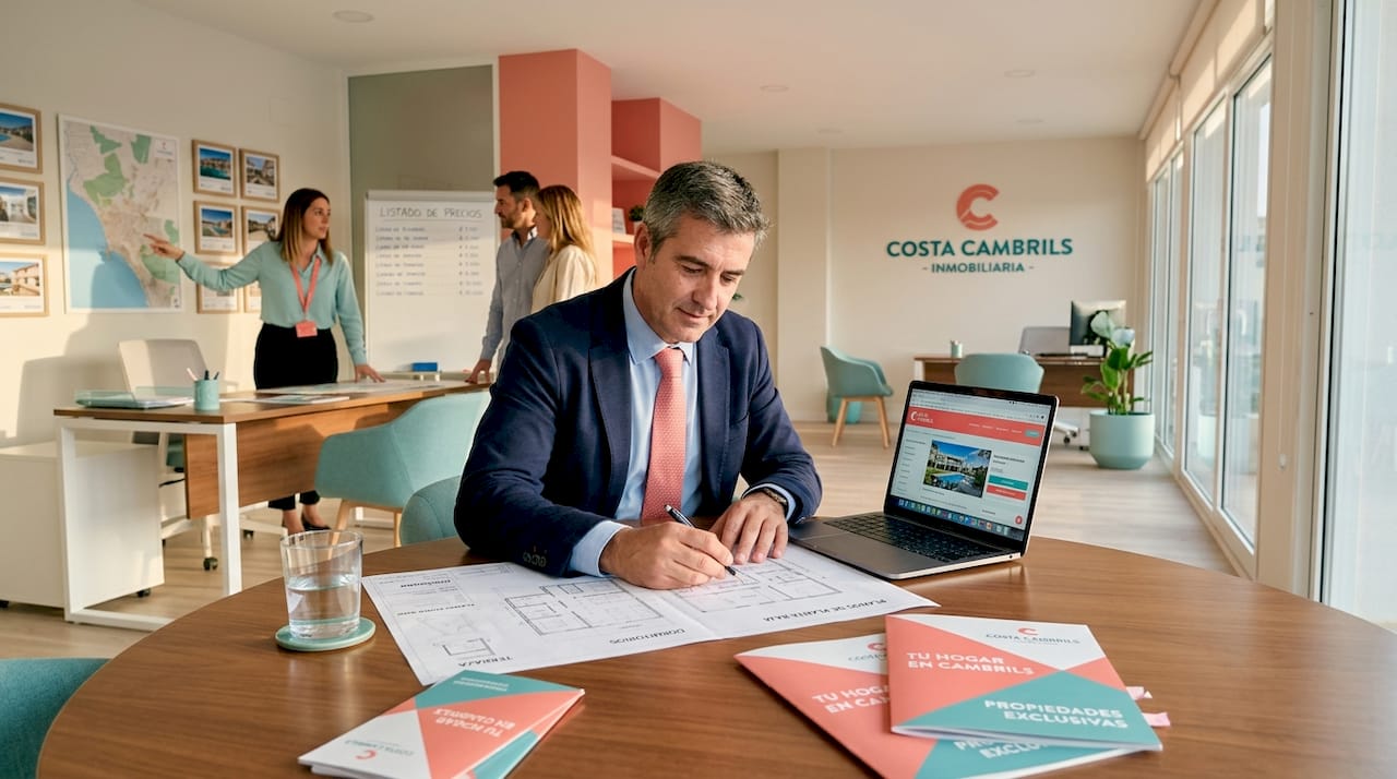 Un agente inmobiliario revisa planos de viviendas en una oficina llena de actividad.
