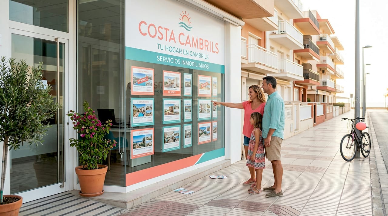 Una familia observa las ofertas de pisos en el escaparate de una inmobiliaria en Cambrils.