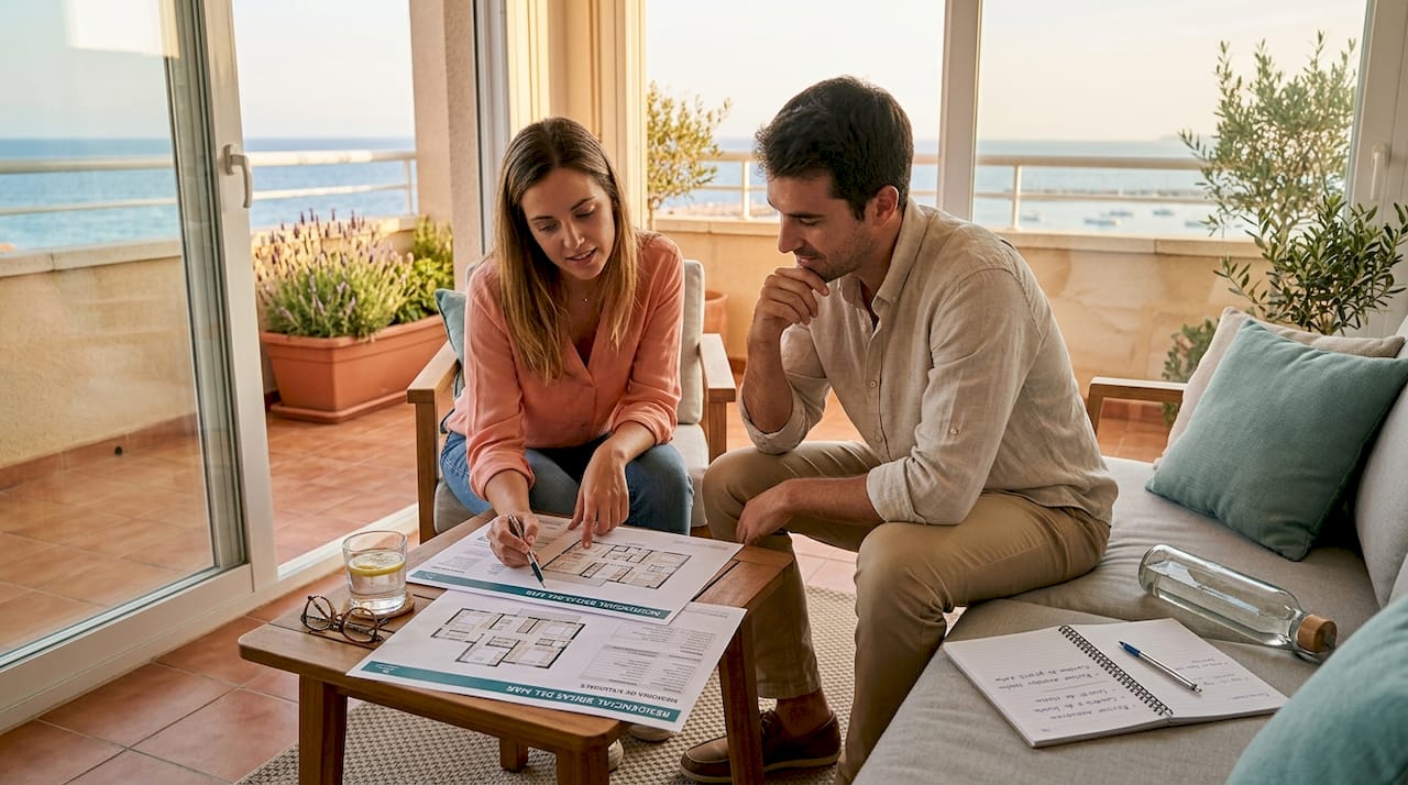 Una pareja analiza los planos de su nueva vivienda de lujo.