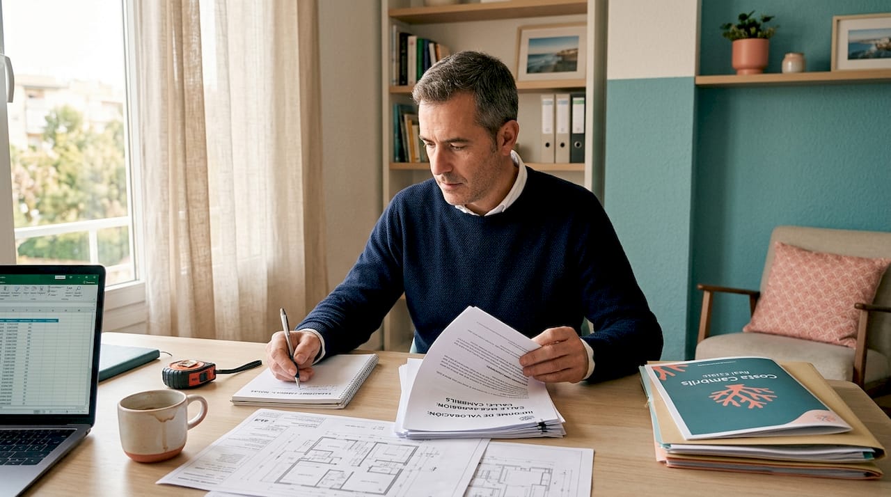 Tasador revisando la documentación de una propiedad desde su despacho en casa.