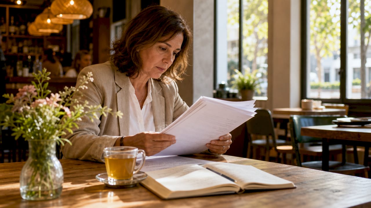 Woman reviewing property registry documents at desk