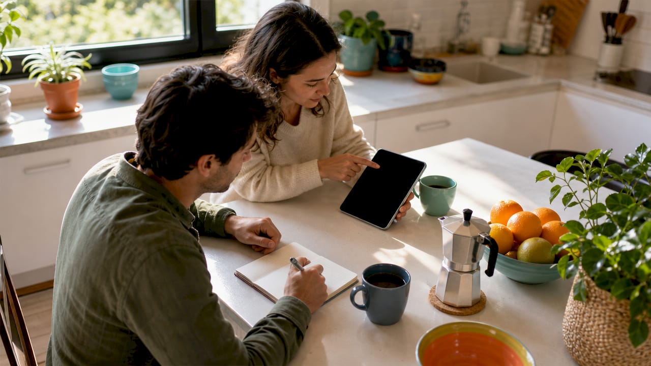 Couple reviewing apartment buying checklist