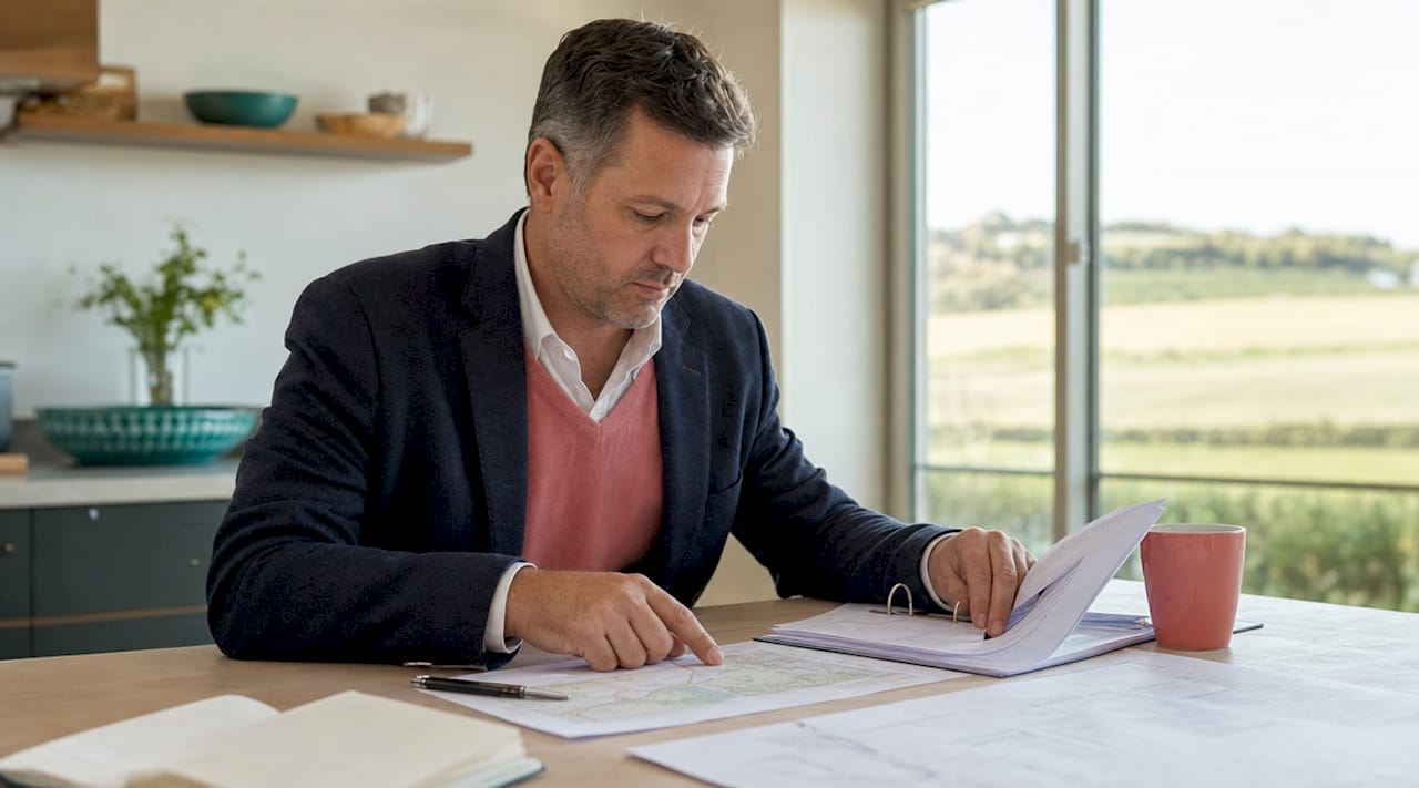 Nekilnojamojo turto brokeris savo biure tvarko įvairius dokumentus ir ruošia sutartis.