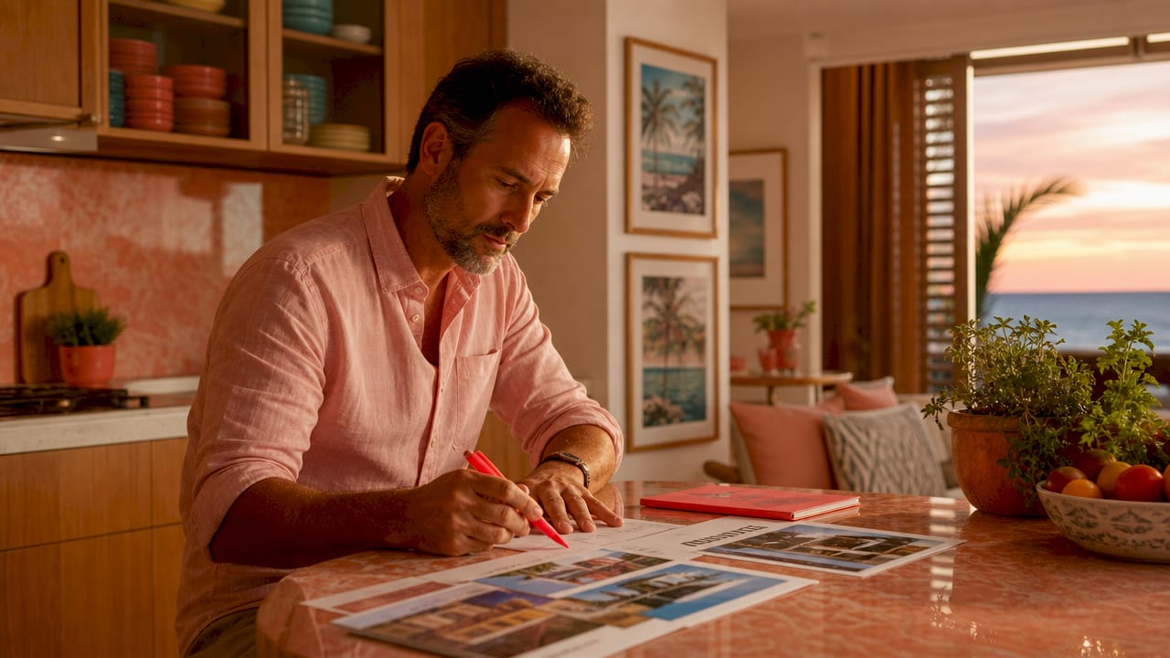 Investor reviewing luxury property listings in home office