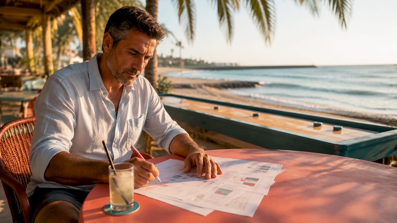 Man reviewing mortgage papers outdoors in Spain