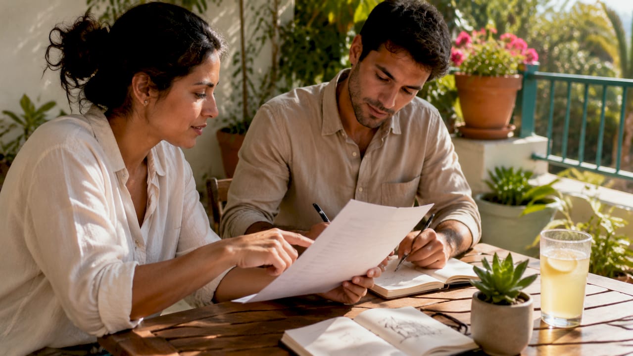 Couple reviewing property deed at kitchen table
