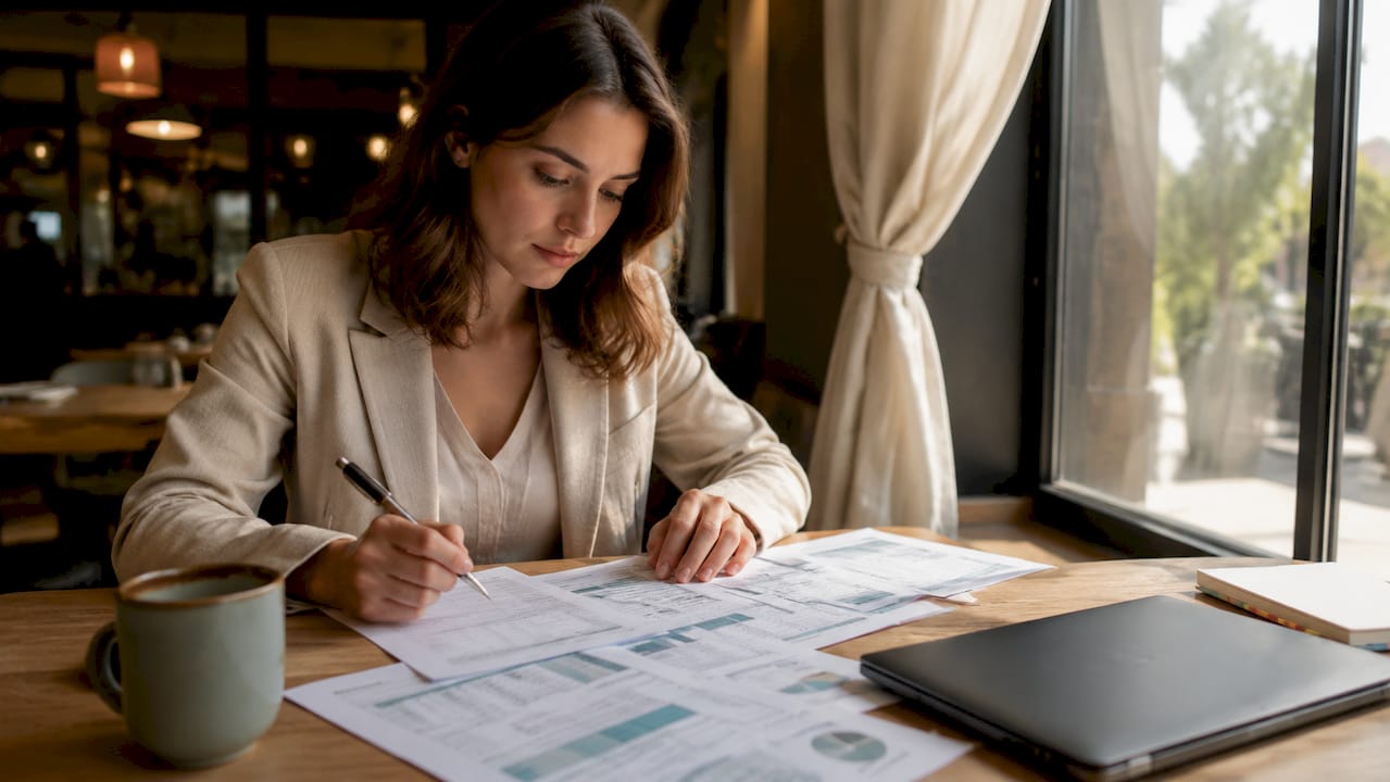 Woman reviewing financial documents for home purchase