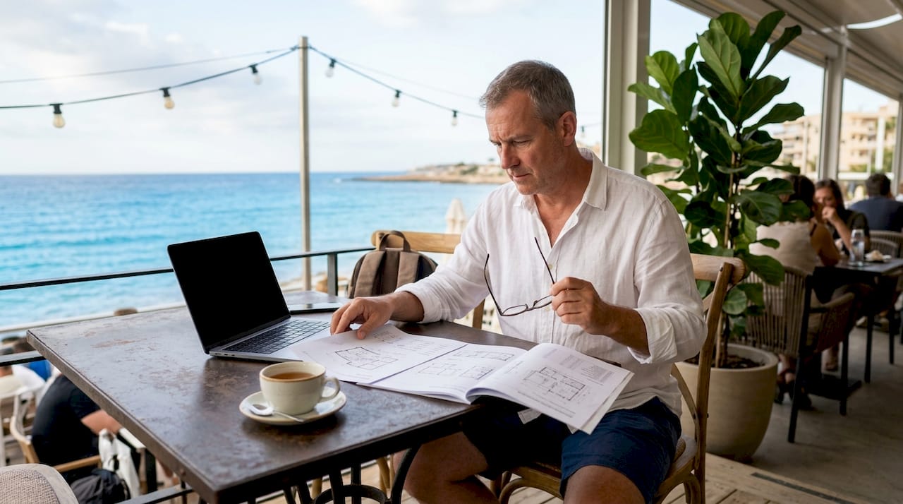 Un inversor revisa contratos de propiedades mientras disfruta de la brisa marina en una terraza frente al mar.