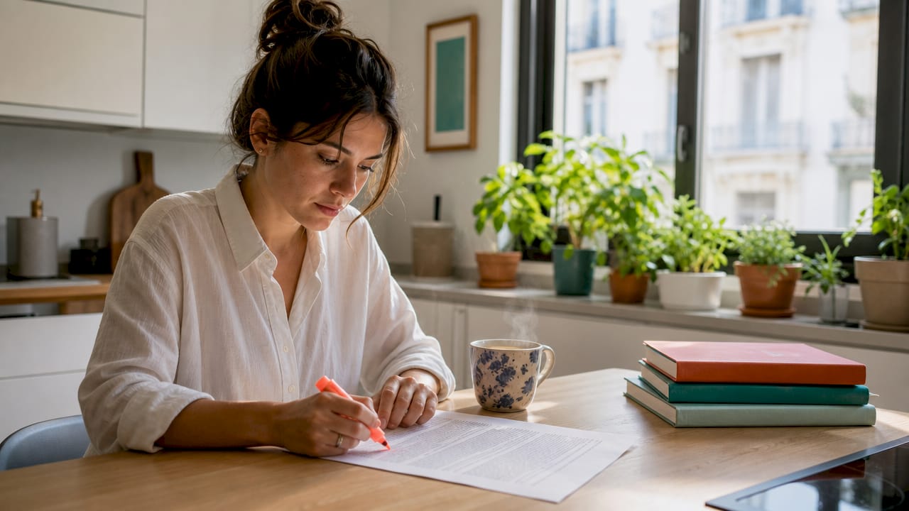 Person reviewing rental contract at a bright apartment table