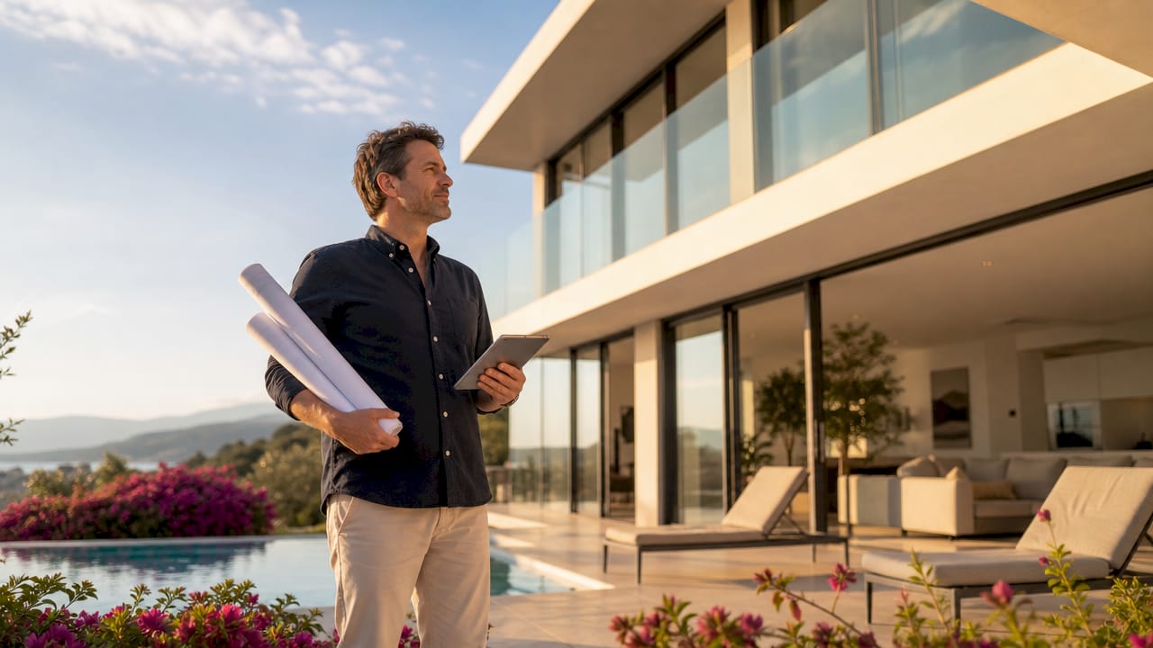 Architect reviewing luxury villa exterior plans