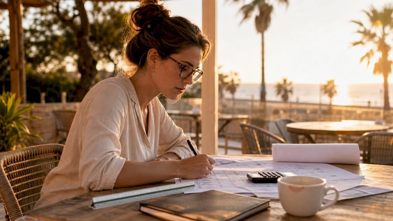 Arquitecta analizando planos y documentación técnica en su despacho