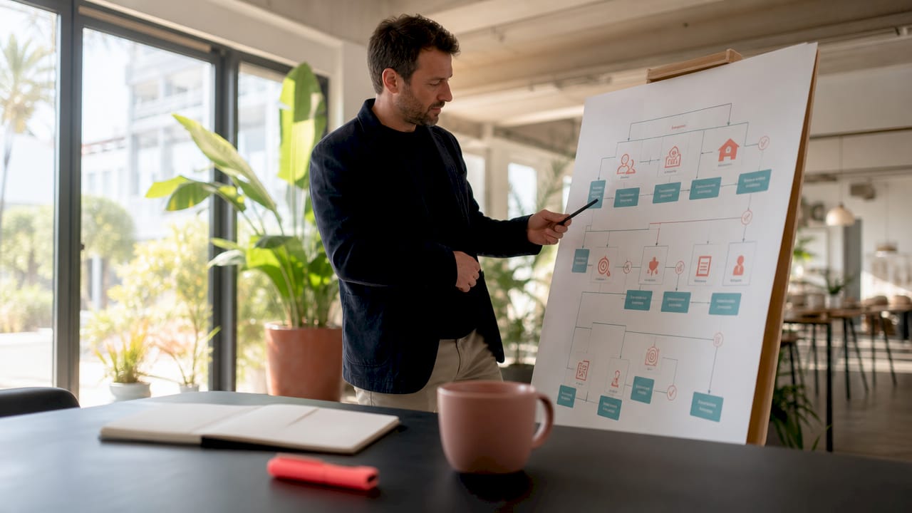 Property manager reviewing workflow chart