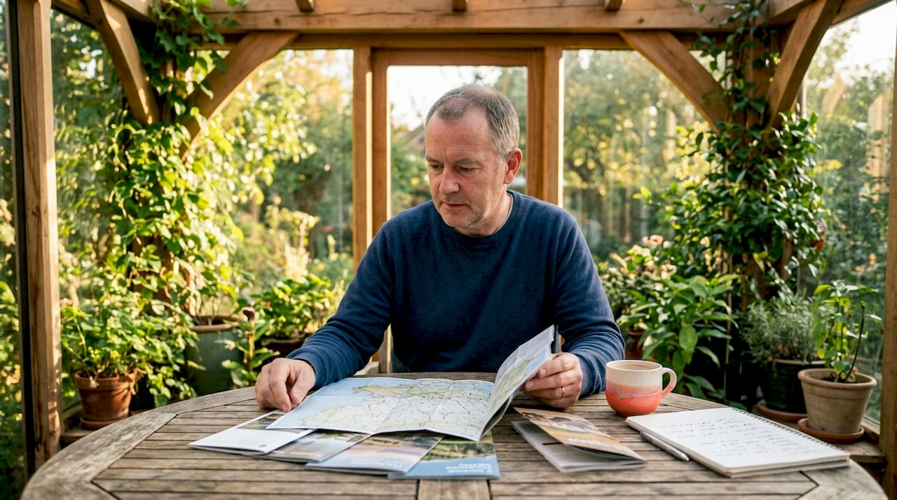 Man planning vacation at beach home table