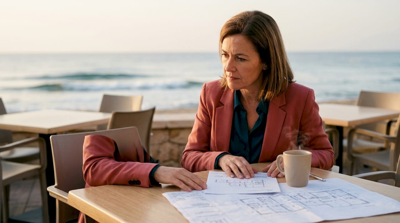 Una agente inmobiliaria analiza proyectos de urbanización costera desde su oficina, que cuenta con una espectacular vista al mar.