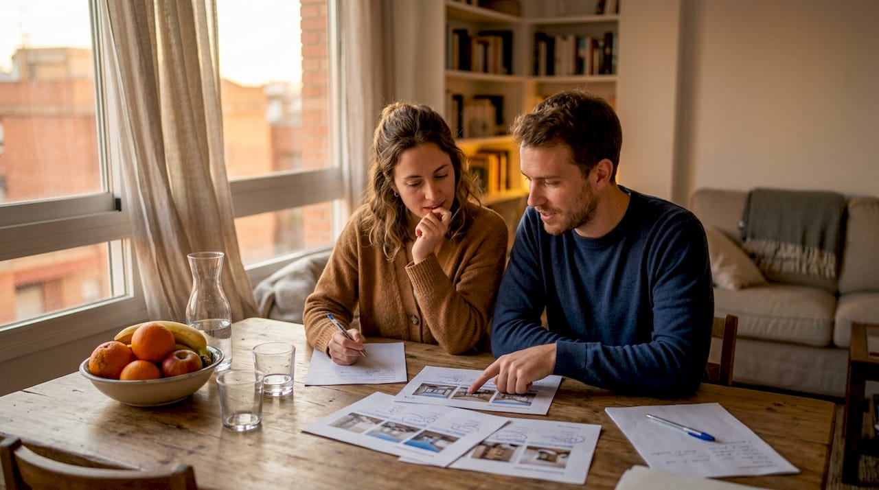 Una pareja se encuentra en casa revisando anuncios de alquiler y comparando opciones para encontrar su nuevo hogar.