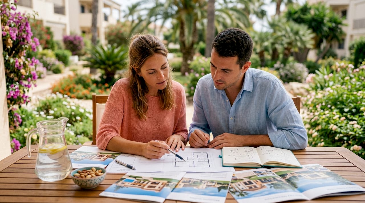 Una pareja analiza los planos de su futura vivienda mientras recorre una urbanización privada.