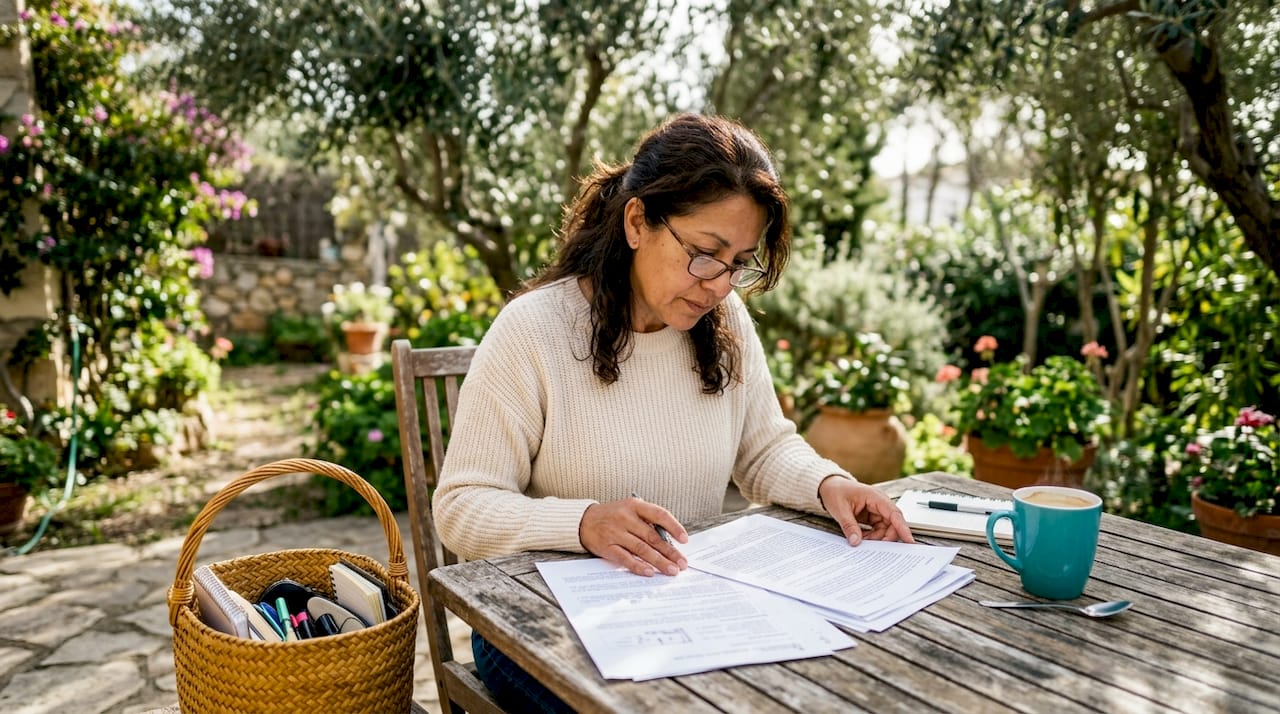 Woman reviewing property documents at home