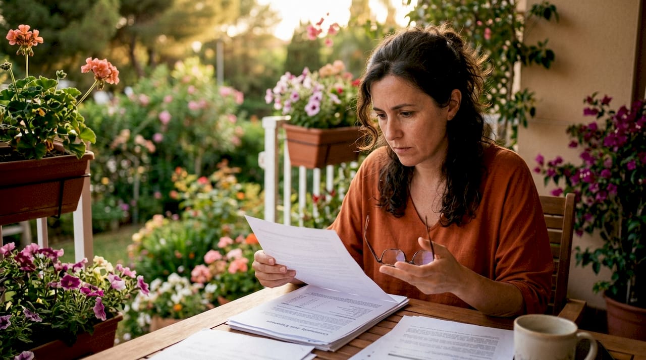Mujer revisando las cuentas de la comunidad en su piso