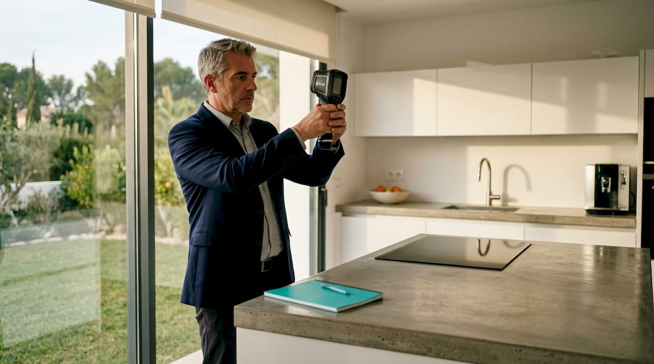 Home inspector assessing luxury villa energy efficiency