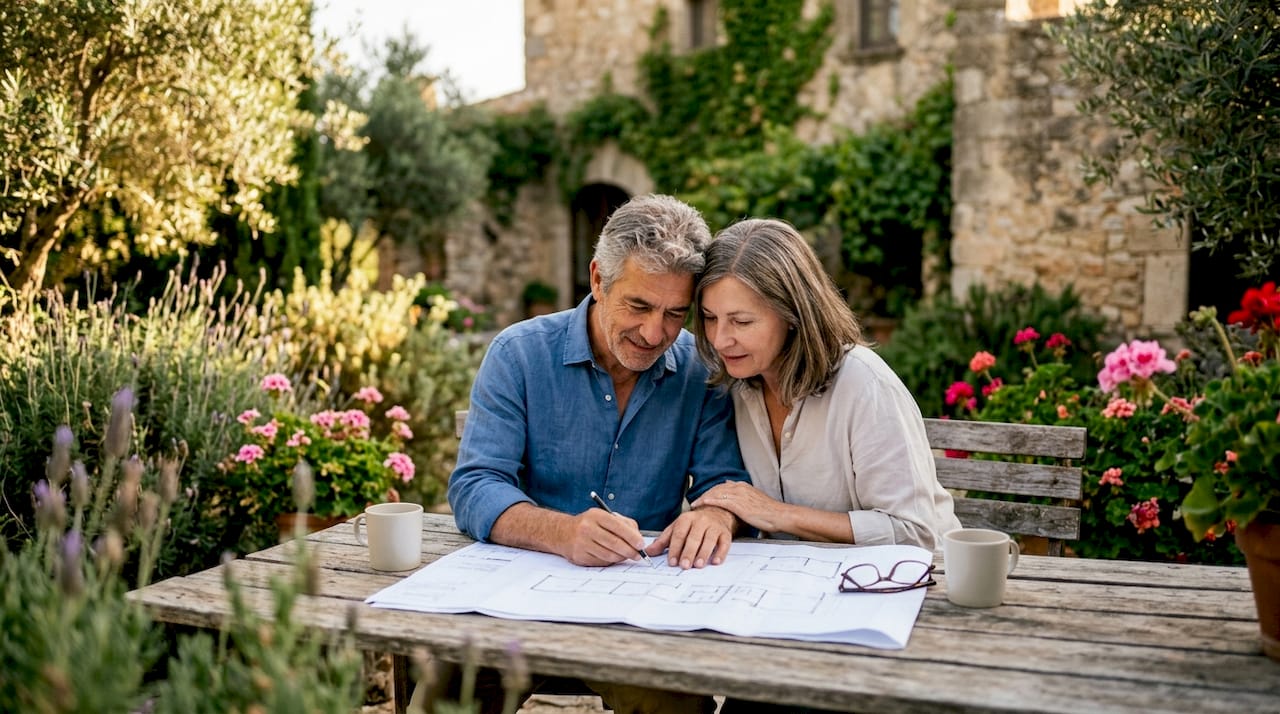 Una pareja analiza los planos de reforma en su vivienda histórica en Cambrils.