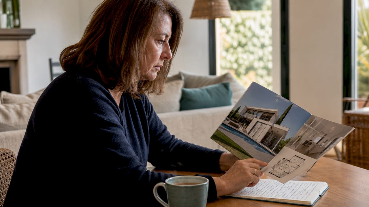 Mujer en casa hojeando folletos de chalets para decidir cuál le gusta más.