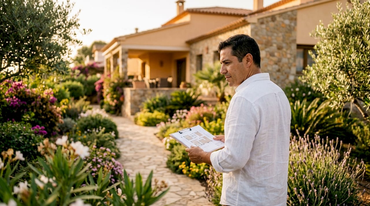 Asesor inmobiliario revisando los planos de una propiedad en la Costa Dorada