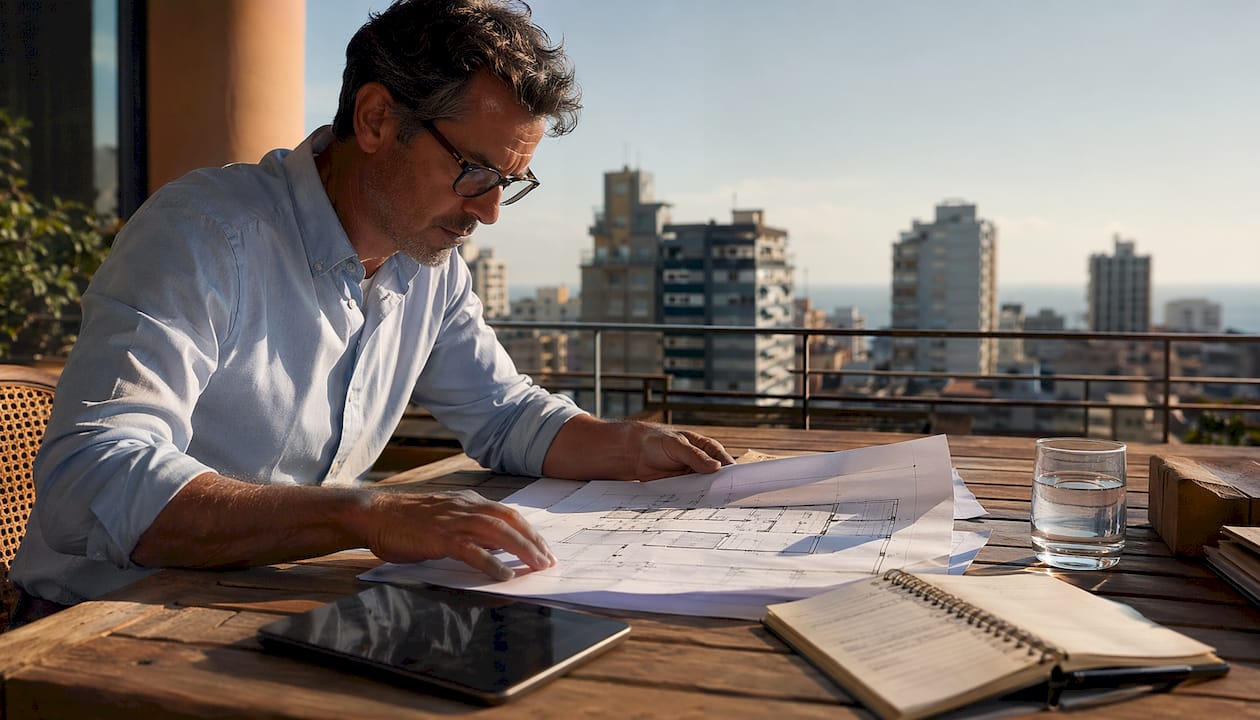 Investor studying multi-unit dwelling blueprints