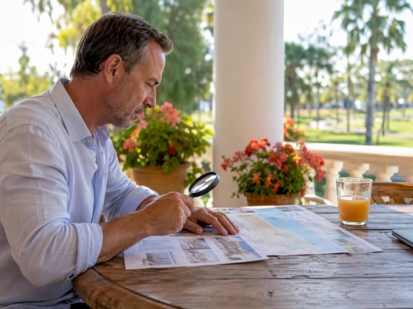 Investor reviewing maps with city view