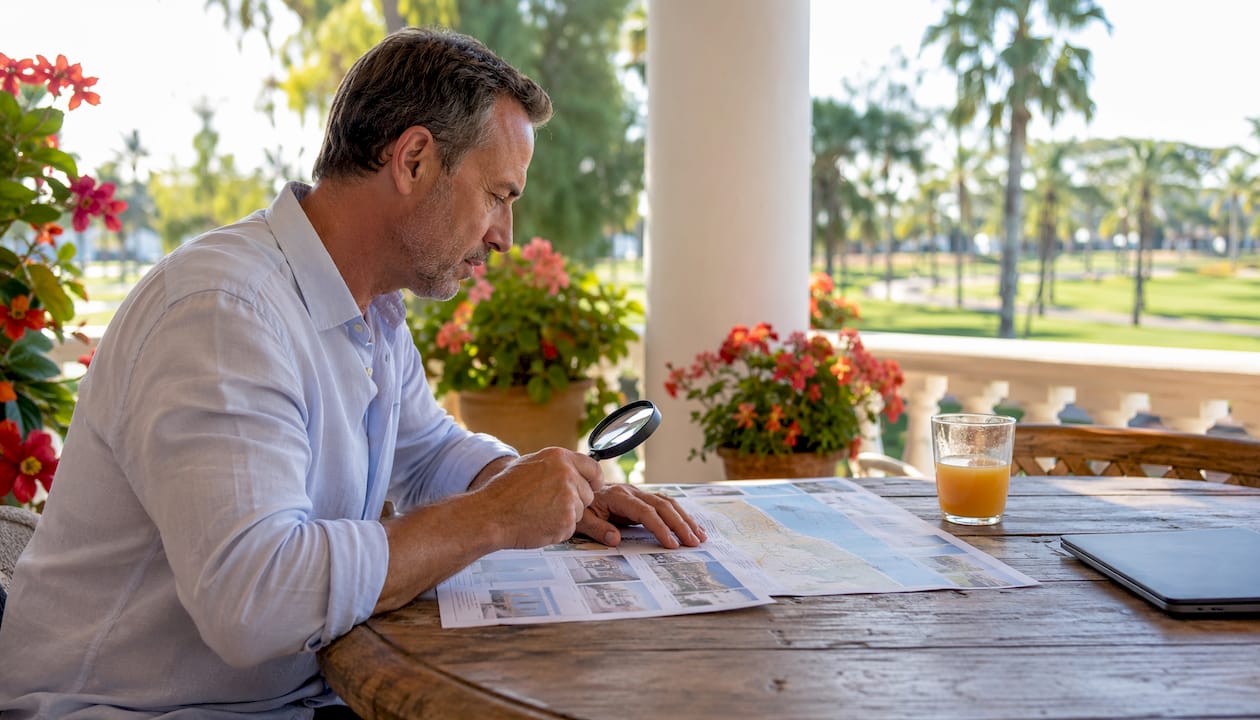 Investor reviewing maps with city view