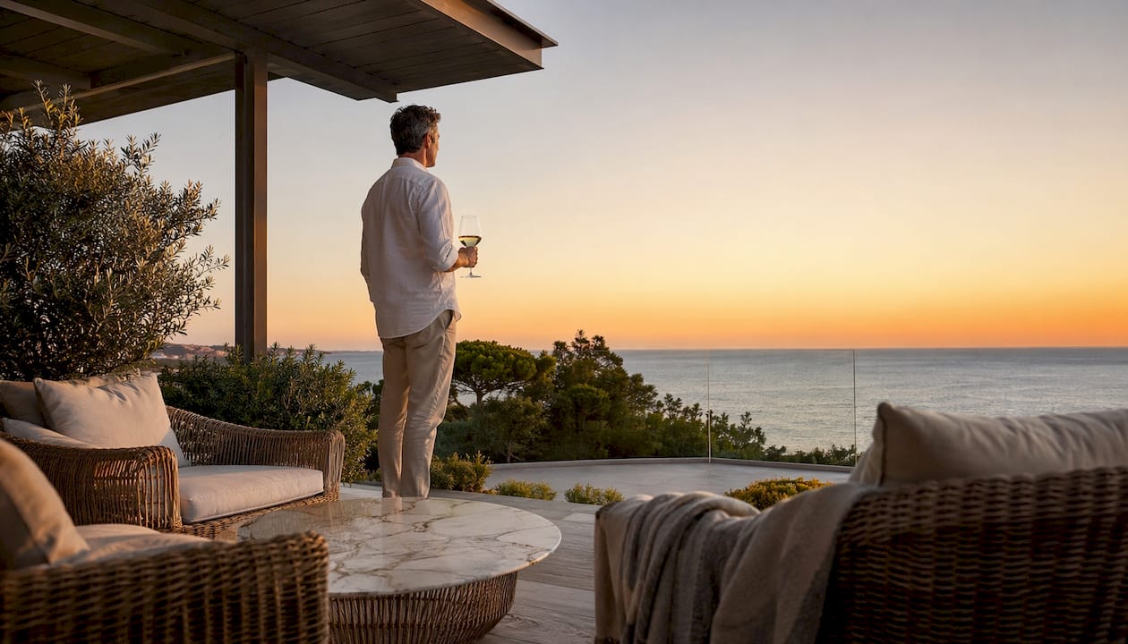 Hombre contemplando el mar desde la terraza de un ático exclusivo