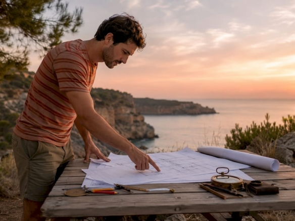 Un arquitecto analiza los planos de una casa junto al mar, disfrutando del entorno al aire libre.