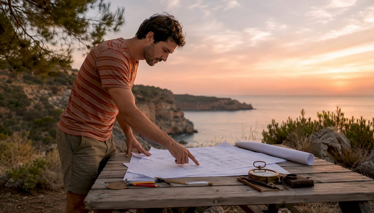 Un arquitecto analiza los planos de una casa junto al mar, disfrutando del entorno al aire libre.
