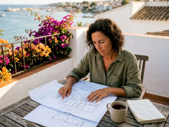 Agent reviewing housing plans outdoors