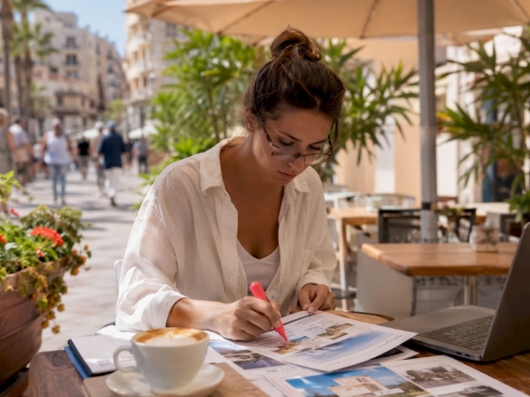 Tenant reviewing rental listings and notes