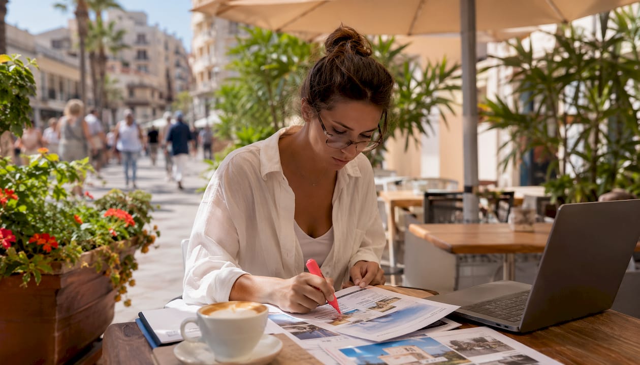 Tenant reviewing rental listings and notes