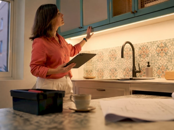 Woman inspecting renovated apartment kitchen