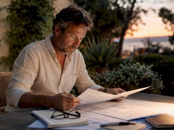 Perito inmobiliario revisando la documentación de una casa de estilo mediterráneo