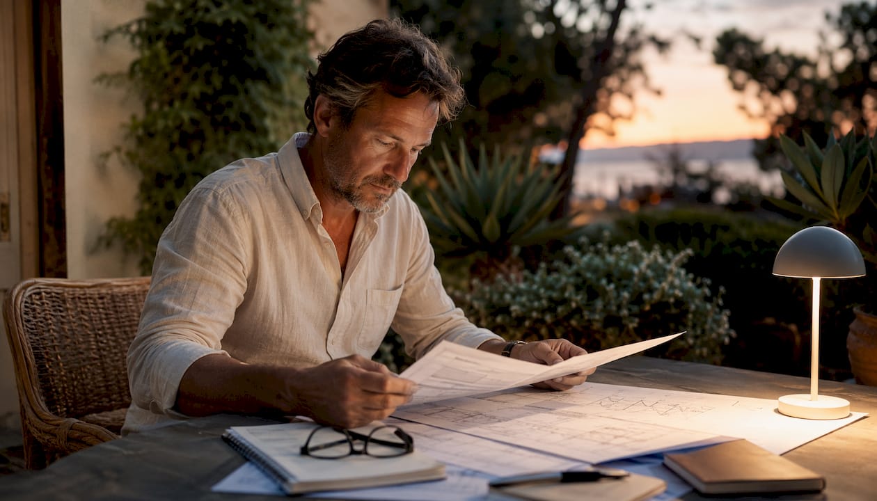 Perito inmobiliario revisando la documentación de una casa de estilo mediterráneo