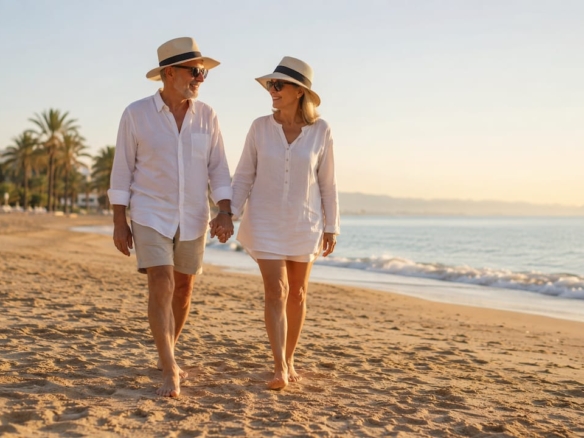Una pareja disfruta de un agradable paseo por la playa de fina arena dorada en la Costa Dorada.